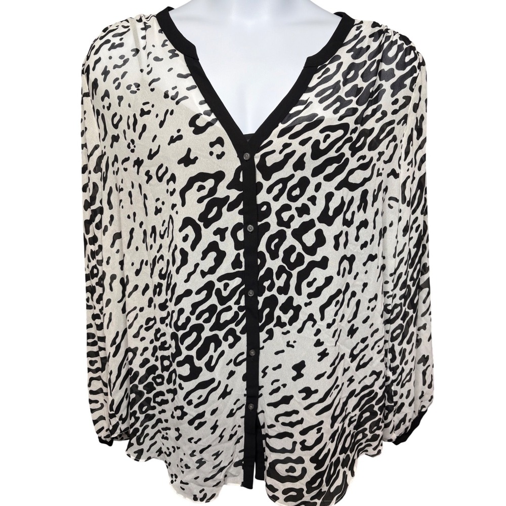 NWT DKNYC Womens Black White Leopard Print Sheer Button Front Blouse 2X Chiffon